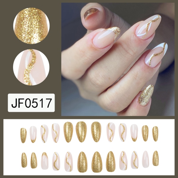 Guldglitterlinje nagelplåster för att bära naglar (24 st), glänsande guldglitter, vackra korta naglar, nagellim, kvinnlig droppformad nagelplåster