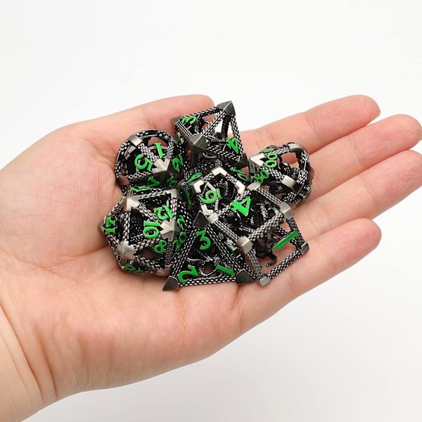 7 Dungeons and Dragons terninger (sølv med grønne bokstaver), HNCCESG Polyhedral Dice Set 3D metall hul blekksprut rollespill terninger D4/D6/D8/D10 (0-9 og