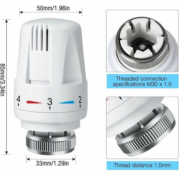 4 stk. radiatortermostathoved, TRV M30 x 1,5 radiatortermostathoved, radiatortermostatventil, radiatorradiatorventiler til varmesystem til