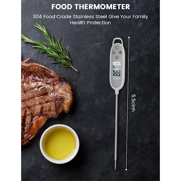 Digitalt kjøtttermometer, mattermometer med øyeblikkelig avlesning, IP65 vanntett, 141 mm probe termometer for steking, baking, melk (batteri inkludert)
