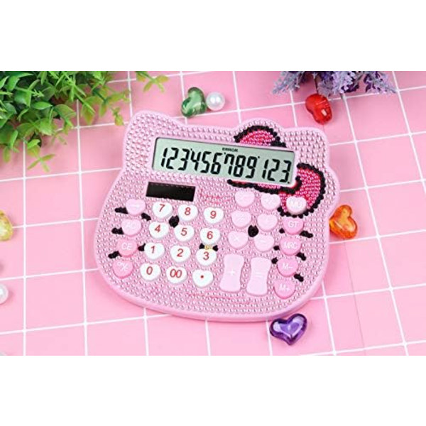 Sød lommeregner (Pink) Krystal katteform til piger og kvinder, stort LCD-display, dobbelte harddiske med solenergi og batteri til skole, kontor, hjem