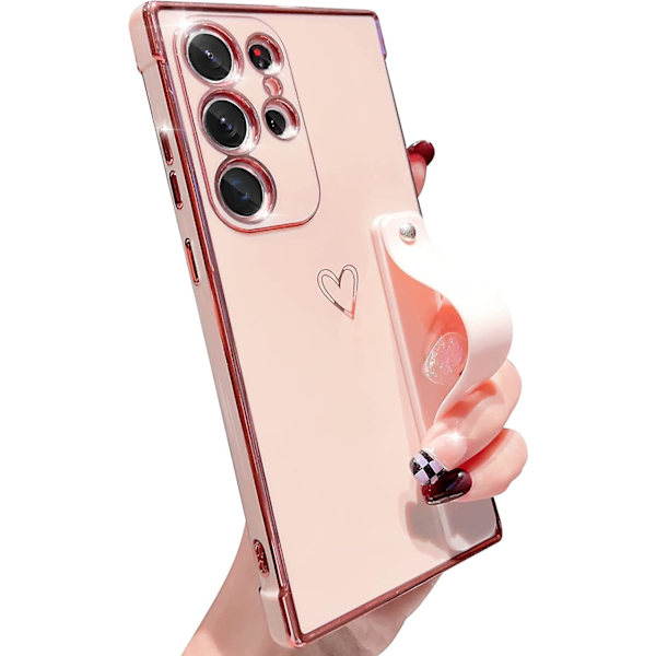 Sött hjärtmönster TPU-pläterat fodral kompatibelt med Galaxy S23 Ultra, med justerbar handledsrem