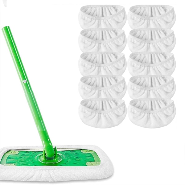Sett med 10 gulvmopper, gulvkluter, gjenbrukbare og vaskbare, mopptrekk for optimal glidning, våt eller tørr bruk (hvit fiber, 25,4 x 11,5 cm)