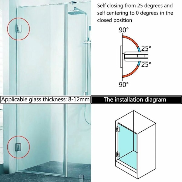 Glasbrusehængsler med glasstøtter, 180 graders åbning og lukning, 304 rustfri stålclips, er egnet til glasvinduer fra 6 til 12 mm