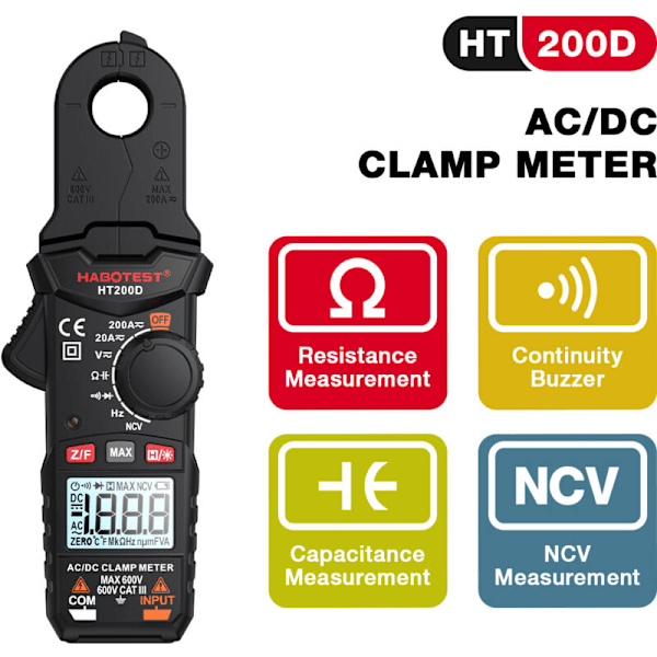 Digitalt amperemeter tang HT200D 2000 punkter True RMS NCV 600 V Spenning 200 A Strøm DC/AC Multimeter Digital Tang Ampèremmetrique kan måle resi