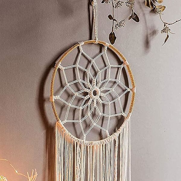 80 x 25 cm, Drømmefanger, kæmpe drømmefanger i macramé med vævede fjer til ophængning på væggen, håndlavet, boheme, indretning, gave,