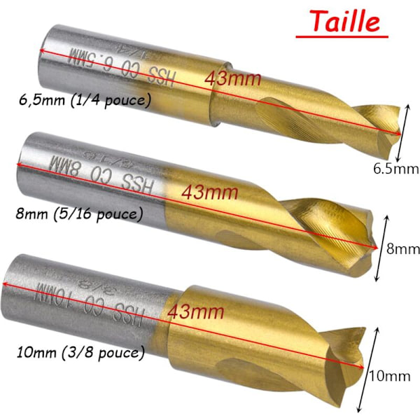 Set med 3 svetsskogar per punkt, Studie HSS Co Svetsverktyg Pläterad Titan 6,5mm/8mm/10mm för att ta bort svetsskarvar i plåt