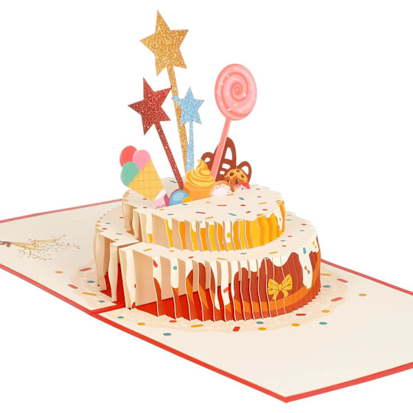 1 pakke 3D Pop Up bursdagskort, håndlaget Pop Up Happy Birthday Cake Pattern Card, bursdagskort med konvolutt for henne, kone, mamma, pappa (rød)