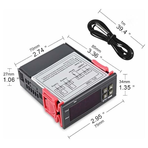 Temperaturkontroller AC 110V-220V, Digital termostat STC-1000 med NTC temperatursensor sond, värme/kyla, 758534mm