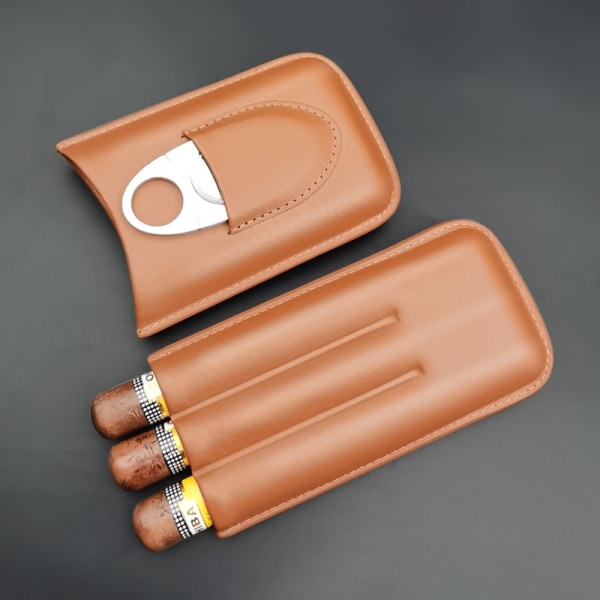 Lædercigaretui Travel Humidor til 3 cigarer med cigarcutter