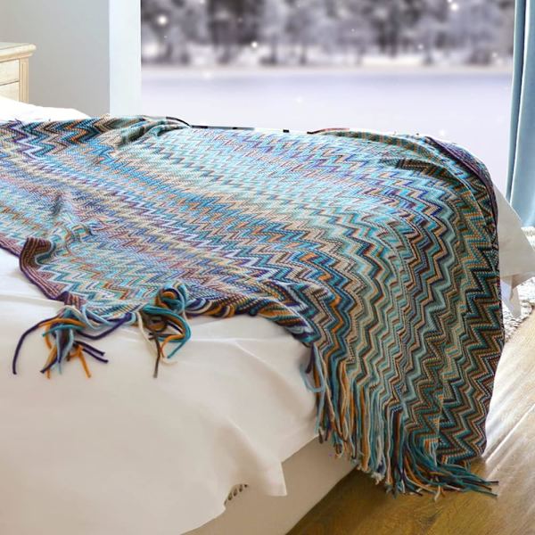 130 * 180 cm, 1 blåt stribet plys boheme strikket tæppe med dekorative frynser, bløde og varme tern, lille plaid