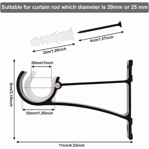 4 stk. støttestang gardiner i aluminiumslegering 118 cm Støtte for rustsikre gardinstangstøtter med skruer og ekspansjonsrør for stue st