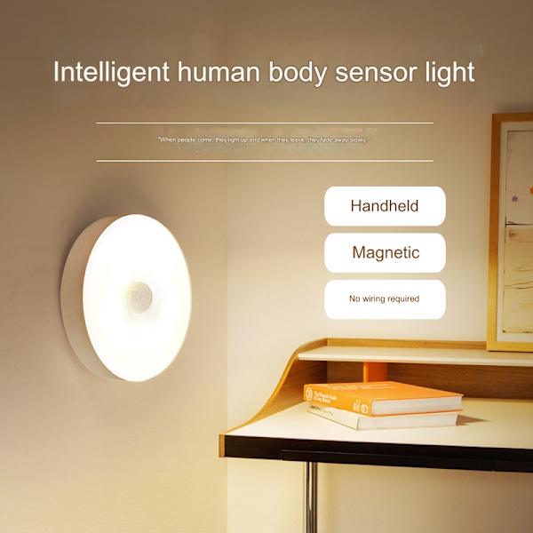 LED-rörelsesensor nattlampa inomhus, uppladdningsbar batteridriven automatisk rörelsesensor smart detektor vägg- och tak trådlös lampa (vitt ljus)