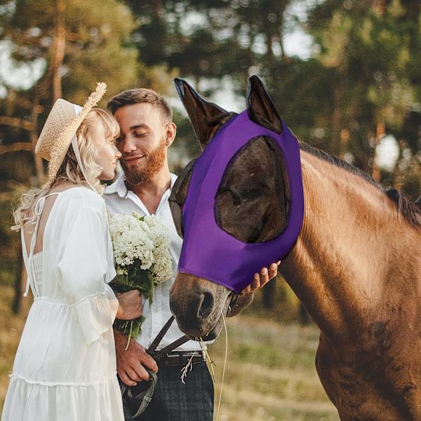 Hesteflue Maske Hesteflue Maske med Mesh Øyne og Ører Pustende Stoff Glatt Stretch Hesteflue Maske med UV-beskyttelse (Lilla)