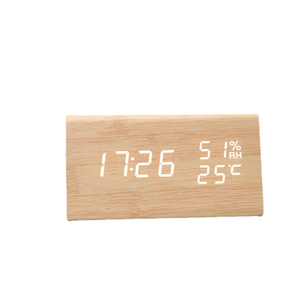 Triangulär träväckarklocka kreativ ljudkontroll LED temperatur och luftfuktighet trä digital elektronisk klocka trä vit vitt ljus（Wood br