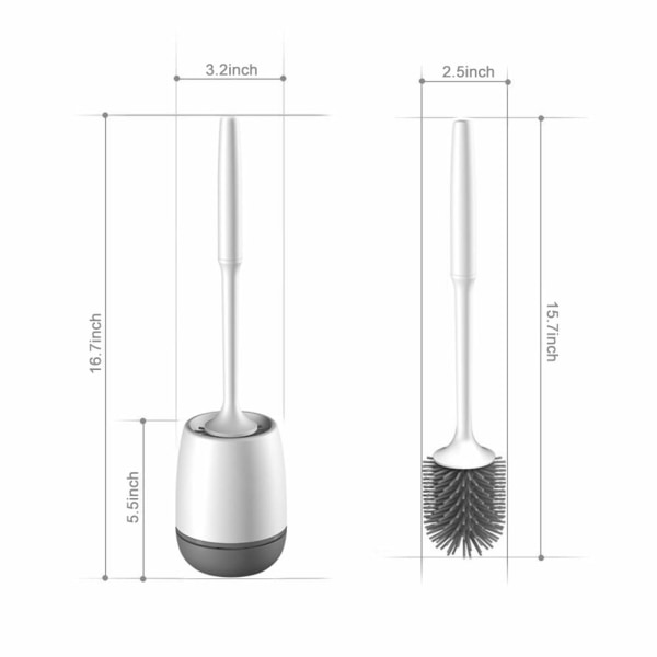 2-pack toalettborste och hållare, toalettrengöringsborste i silikon med snabbtorkande hållare, 3,2 x 5,5 tum, gråvit, (golv/monterad Wa)