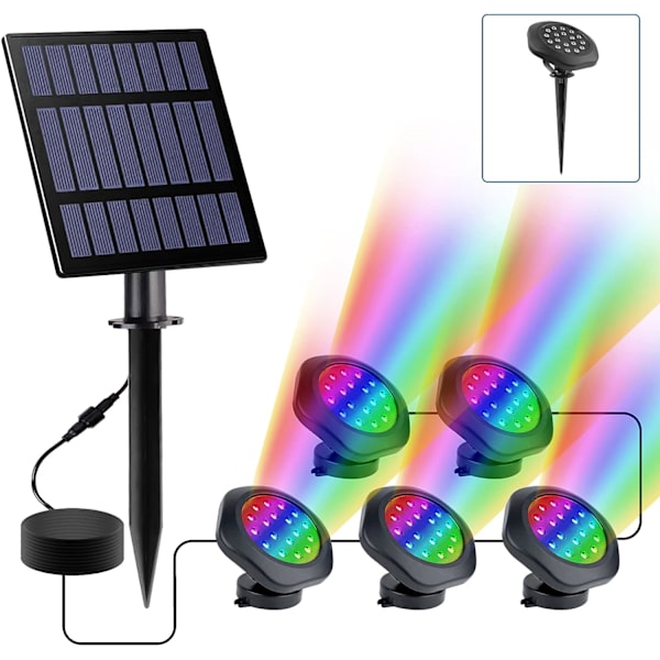 Solcelledambelysning, (5 frontlykter) RGB solcelledambelysning nedsenkbar belysning med IP68 vanntett, fargeskiftende RGB solcelledambelysning for akvarium
