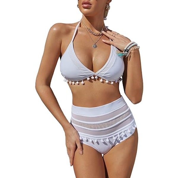 Kvinnors hög midja två delar bikini set halter remmar tofs S