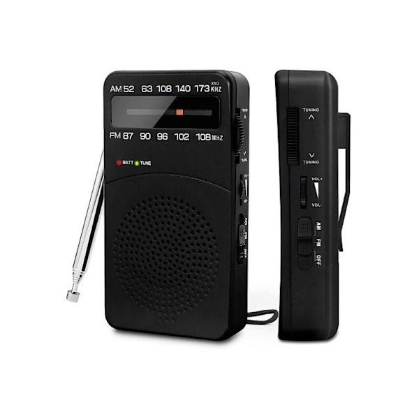 Bärbar radio, AM (MW)/FM-radio A-batteri, fickradio transistor med utmärkt mottagning, justeringsknapp med signalindikator, mini bärbar