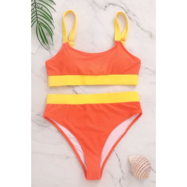 Hög midja bikini set färgblock baddräkt M