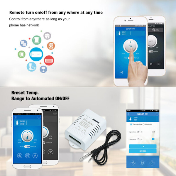 Th-16 Smart Wifi Bryter 16A/3500W Temperaturovervåking Trådløs Domotic Kit med vanntett temperatursensor DS18B20 kompatibel med Alexa Googl