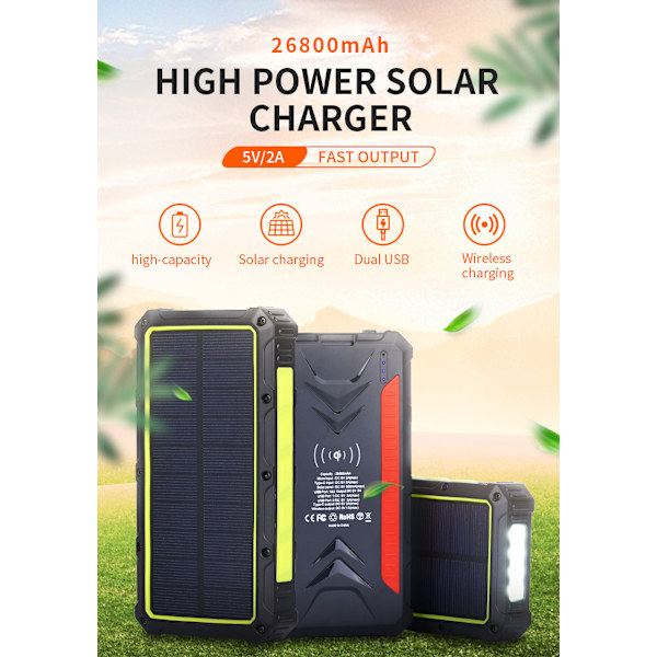 2000mAh Trådlös Laddning Solcells Powerbank Utomhus Vattentät Laddningsskatt
