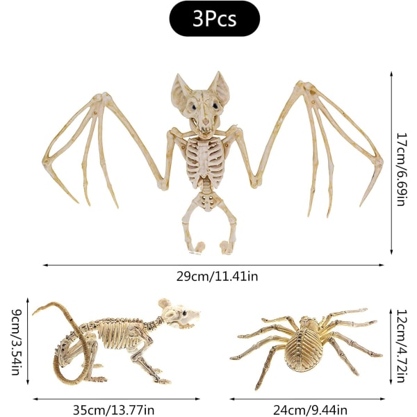 3 stk Halloween flaggermus skjelett Halloween edderkopp skjelett Halloween mus skjelett skumle dyrebein realistiske flaggermusbein Halloween dekorasjoner