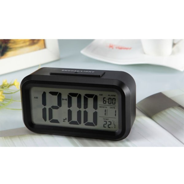 1 st svart digital väckarklocka, digital klocka som väcker med ljus, batteridriven för vuxna barn, stor skärm med kalender och temperatur