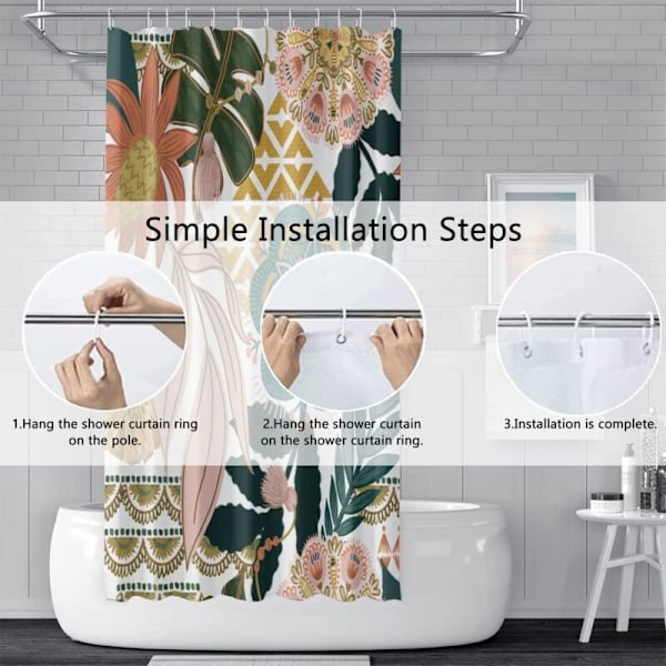 180x180cm Boho bruseforhæng Pink Style Blomster Grønne Blade Forhæng Anti Mop Vandtæt Vaskbart Polyesterstof Badeværelsesforhæng