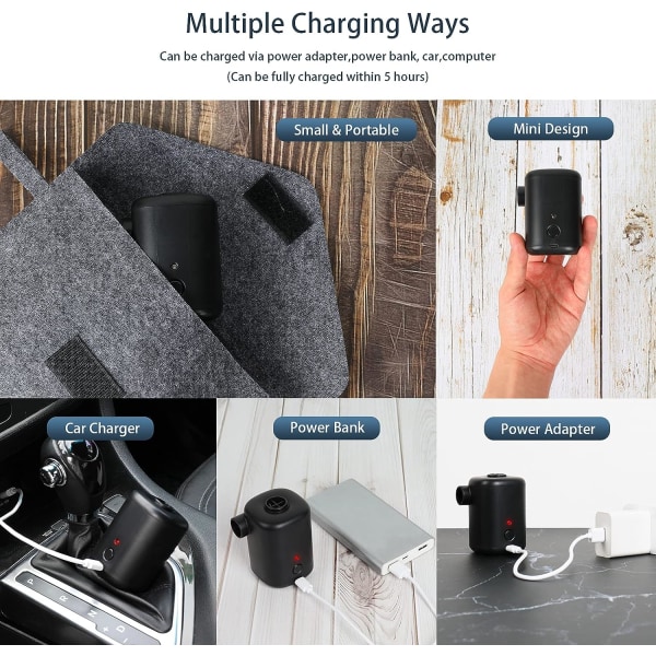 Sähköpumppu 2 in 1 Kannettava langaton USB-ladattava täyttö- ja tyhjennyspumppu, minikokoinen ilmapumppu 4 suuttimella patjalle, retkeilytyynylle, veneelle, uim