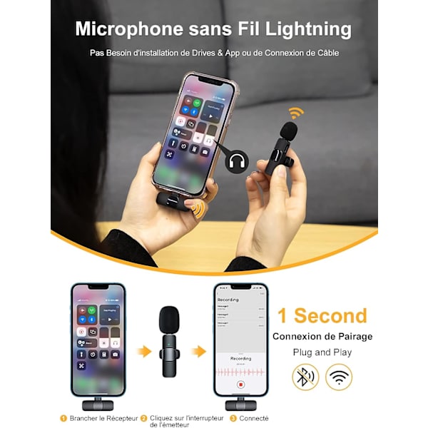 Trådlös lavaliermikrofon, CP1(A) 2,4 GHz trådlös lavaliermikrofon (Lightning-adapter), 1 sändare och 1 mottagare för iPhone, iPad, Vlog, Y