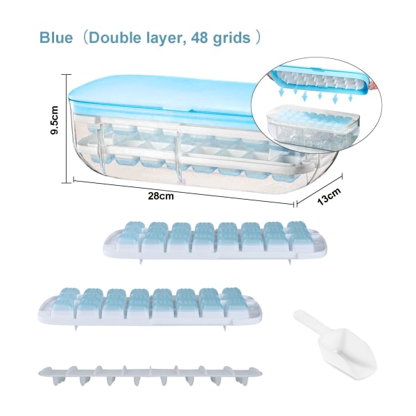 Jääpalamuotti kannella, elintarvikelaatuinen silikonijääpalamuotti, vapauta kaikki jääpalat yhdessä sekunnissa, uudelleenkäytettävä 48-lokeroinen jääpalamuotti (sininen)