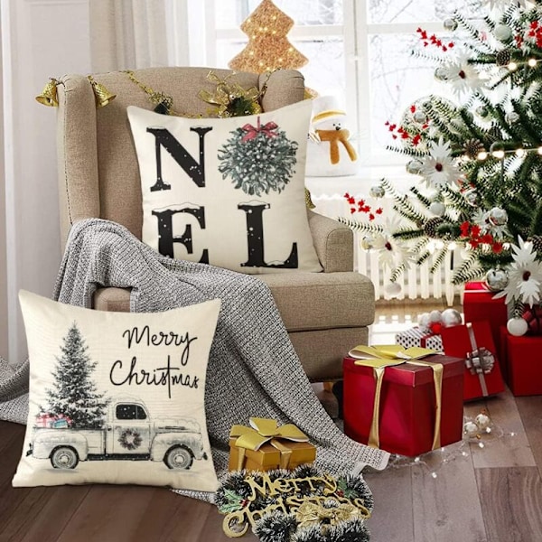 Sett med 4 juleputetrekk, juleputetrekk Dekorative i lin Puter Puter til soverom sofa soverom (45 x 45cm, juletre/H