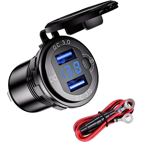 QC3.0 Vandtæt Motorcykel Bil USB Oplader, 12/24V Aluminium Legering Dobbelt USB Oplader Stik, med Strømbryder og LED Voltmeter til Biler, Både, ATV'er