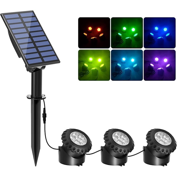 Solcells drivna LED undervattensdammlampor 2 lägen justerbar undervattenslampa, 6 färger, IP68 vattentät, automatisk på/av, sollampor