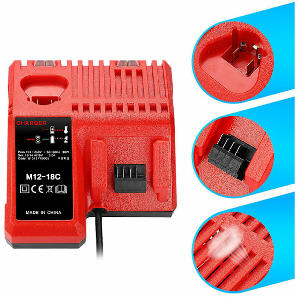 Erstatning Mivoch MILWAUK M12-18 12V-18V oplader 3A Hurtig opladning Lithium Batteri Dobbelt oplader
