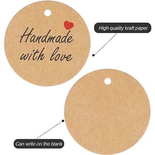 100 stk Kraft papir gavemærker, 3 cm "Hand Made with Love" rund pap