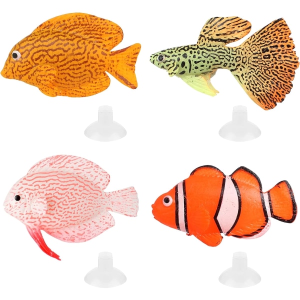 4 st Konstgjorda flytande fiskar av tropisk plast (4 storlekar, 4 c