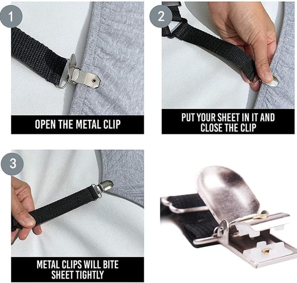 4 Cover Clips Heavy Duty Sengetøj Elastiske Stropper Justerbare (Sort, 3 Clips)