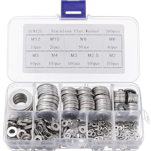 Rustfri stålskive med opbevaringsboks (sæt med 580) - Sortiment af 9 størrelser M2, M2.5, M3, M4, M5, M6, M8, M10 & M12 - Parti af metalringe - Reparationer, F