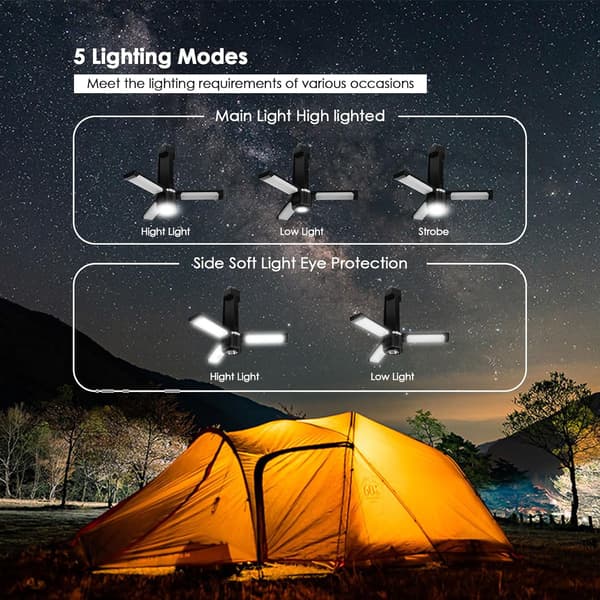 Campinglys - Oppladbar LED-campinglys - Elektrisk campinglys USB 5 moduser, 3000mAh bærbar powerbank, sammenleggbar