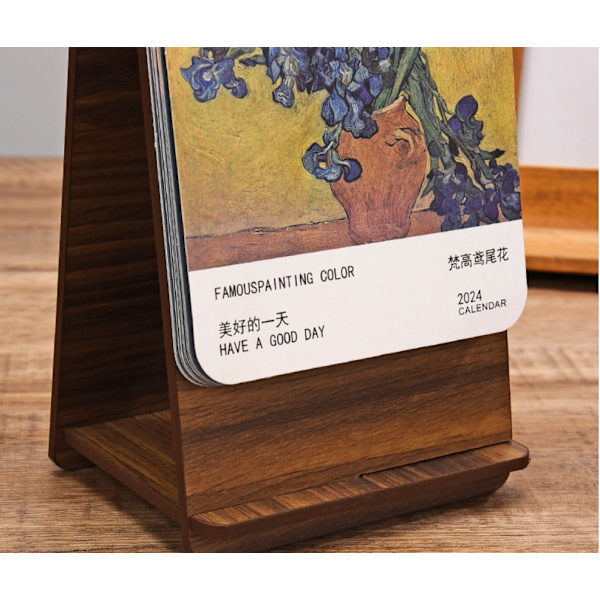 Oversigt 2024 Skrivebords Kalender, Valnød Mønster Van Goghs Iris Skrivebords Kalender Træ Stativ Kalender Berømt Maleri Serie Skrivebords Kalender