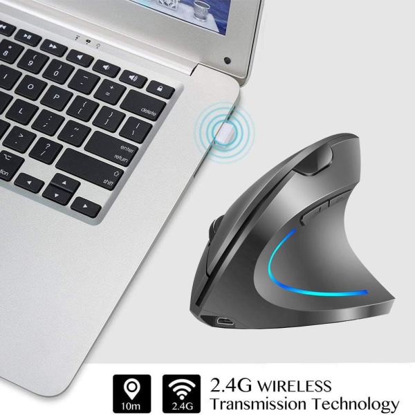 Gray 2.4GHz Wireless Vertical Mouse Right Handed Ergonomic Rechargeable Mouse with 4 Adjustable DPI 800/1200/1600/2400 6 Buttons Compatible with PC