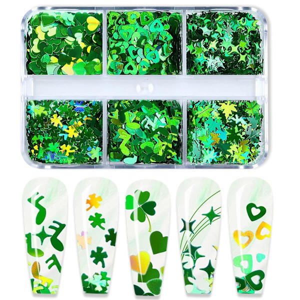 6 Rutor St. Patricks Day Nagelkonst Glitter Sekvenser, 3D Holografiska Shamrock Nagelkonst Flakes, Naglar Konst Dekaler För Kvinnor Flickor