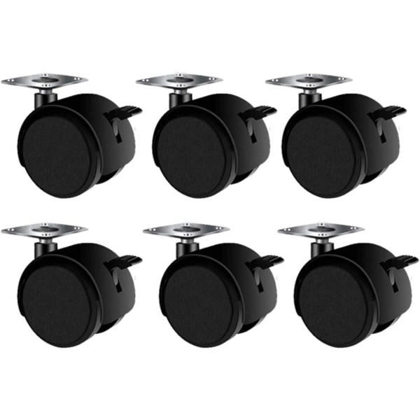 Dubbelhjuliga möbelhjul (6-pack), 38 mm 360° roterande nylonhjul, med bromsar, kraftiga omärkta universella roterande hjul, med fi