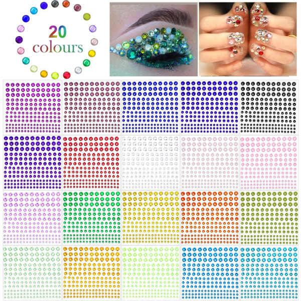 Sett med 3300 selvklebende rhinestones - 4 størrelser 20 farger - for j
