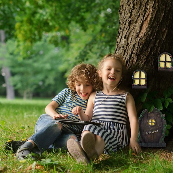 Mini Sagoskogsträdgård Tillbehör Utomhus Dekorationssats Trädstubbe Ornament Tomte Dörr Set Trädgårdskonst Utomhus Mellanrum Barn Fönster Glöd i Mörkret