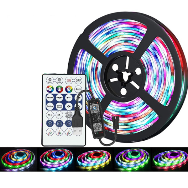 5m LED-stripe, LED-rom flerfarget LED-stripe 5050 RGB LED-lys, LED-stripe med fjernkontroll, Bluetooth-app for å kontrollere LED-stripen i synkronisering