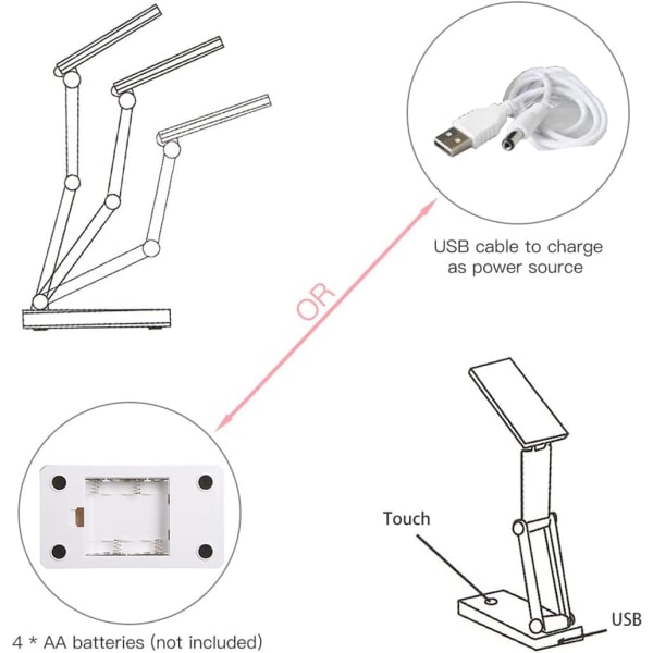 Bärbar hopfällbar LED/COB-skrivbordslampa, 3 nivåer justerbar ljusstyrka dimbar USB-laddningsport