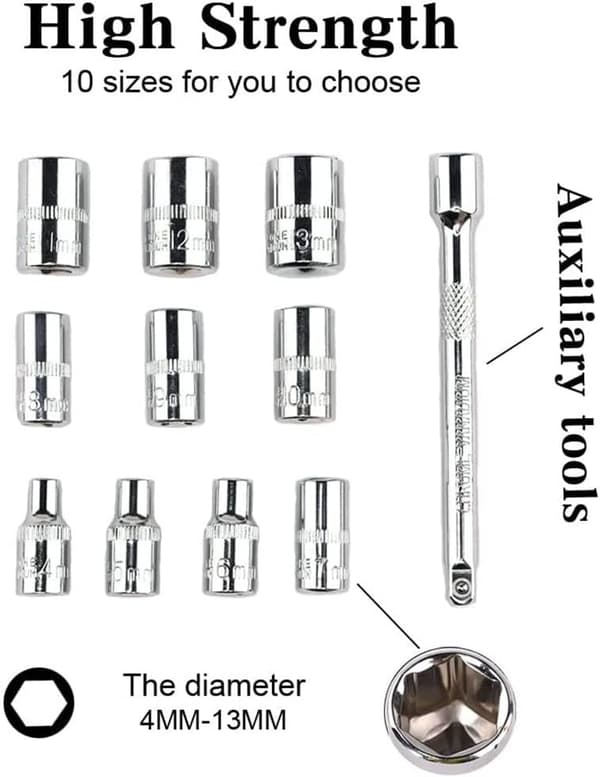 1/4'' Ratchet Socket Wrench Set, Mechanic Tool Kit och Sockets Set med Quick Release Reversible Ratchet Handle och Extension Bar, 12 Pcs Set